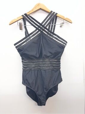 Davi & Dani black halter one-piece swimsuit mesh paneling and cross-front design